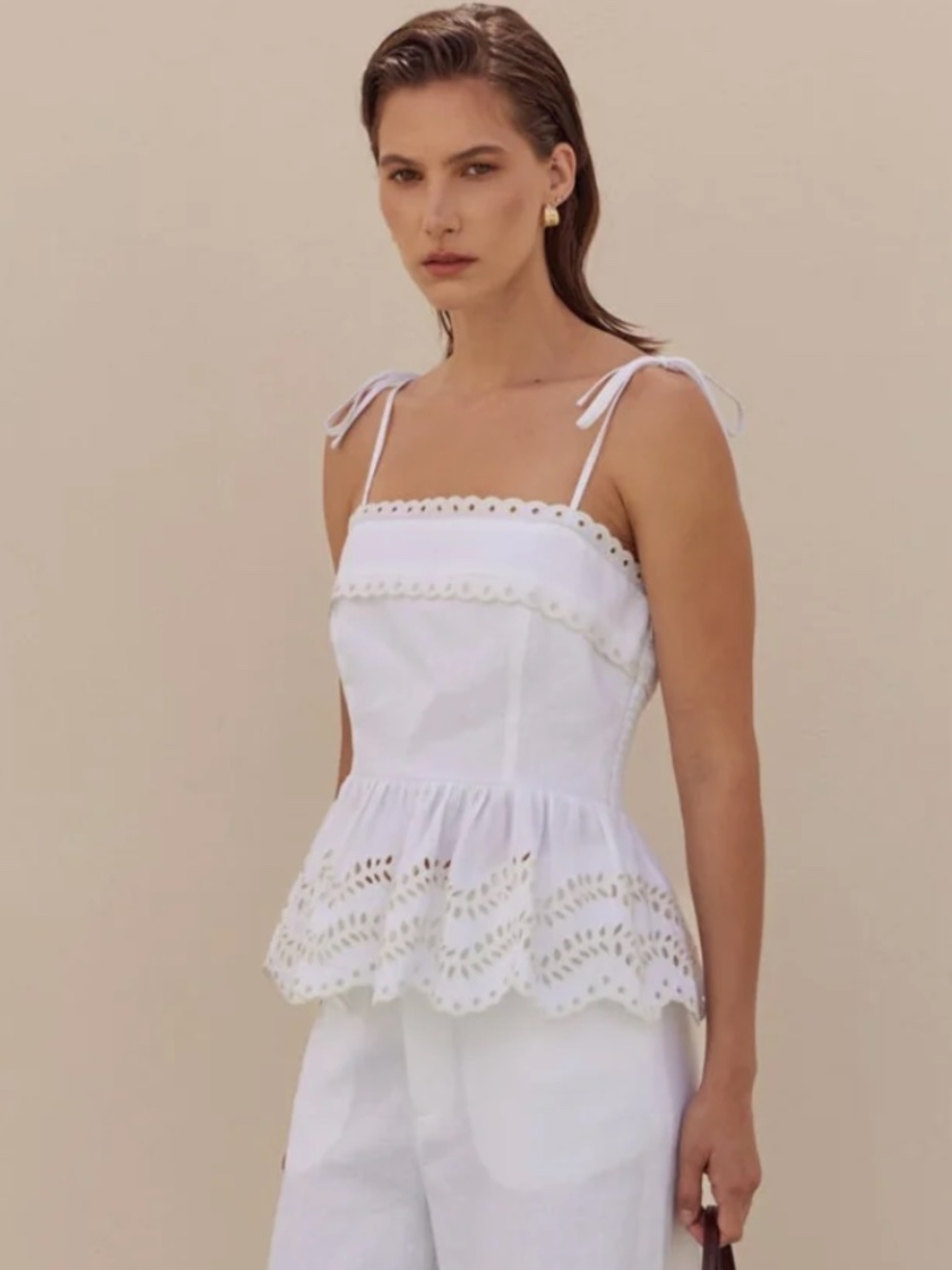 English Factory - EYELET PEPLUM TIE-SHOULDER TOP
